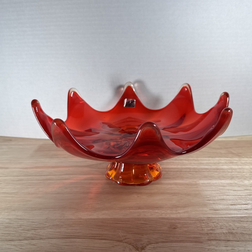 GLOWS Viking Footed Bowl Line Amberina Compote Red Orange Yellow CHIPPED READ